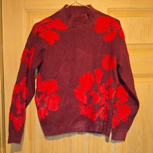 Philosophy Burgundy Cowl Neck Sweater with Red Floral Appliqué